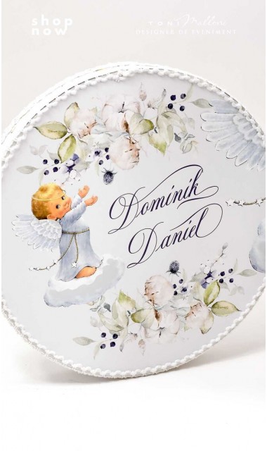 Trusou botez cu ingeri si flori de bumbac personalizat pentru baieti Ingerul Albastru 4